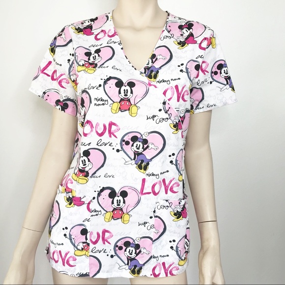DISNEY Love Mickey Minnie Nurse Heart Scrub Top XS - Picture 1 of 7